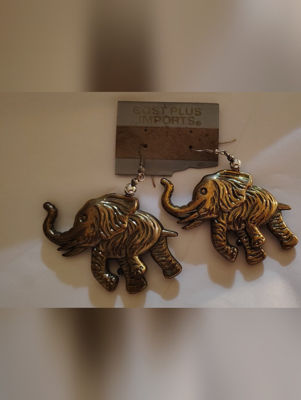 Vintage Elephant Dangle Earrings Lucky Trunk Up Boho Deadstock NWT